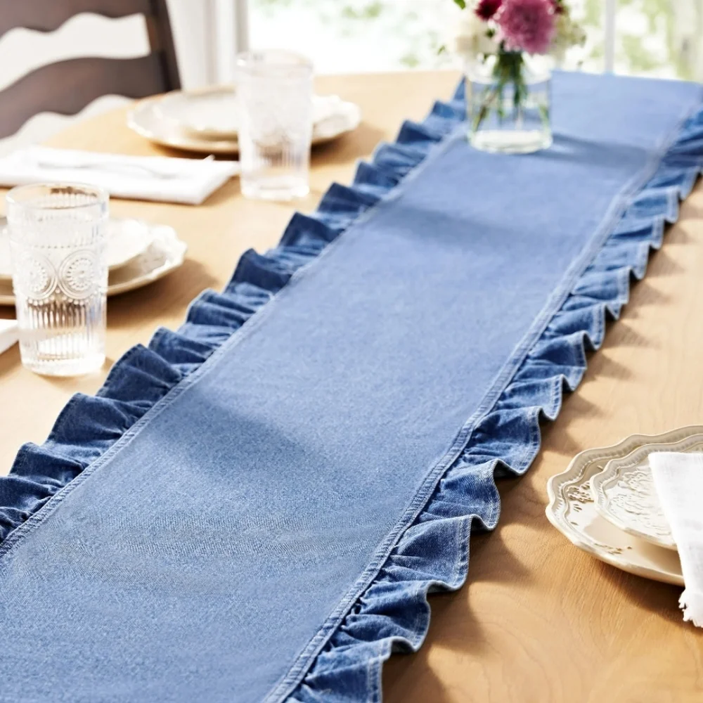 💕 The Pioneer Woman Ruffle Blue Denim Table Runner Linens